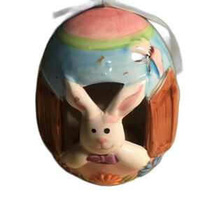 Vintage Ceramic Easter Bunny Peeking Out of Egg Ornament - Hand-Painted Decor